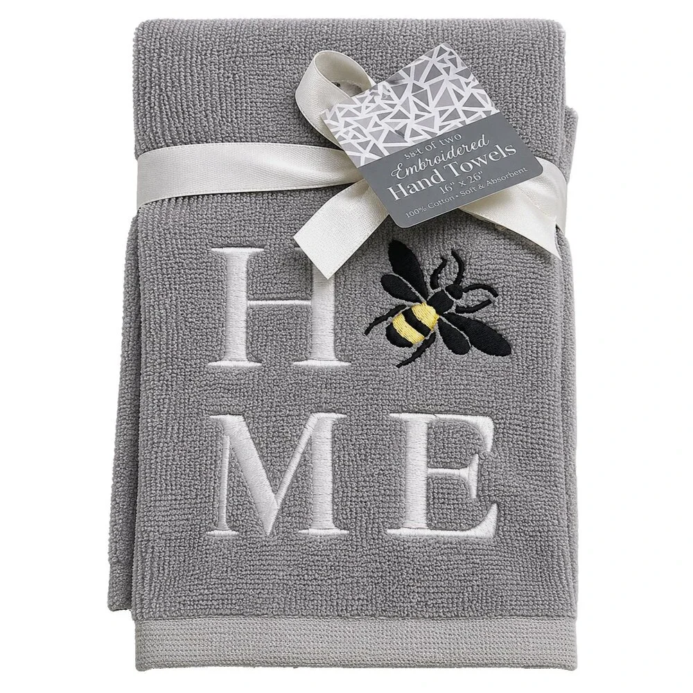 Bumble Bee Home Hand Towels Embroidered Bathroom Gray Shabby Chic Set of 2